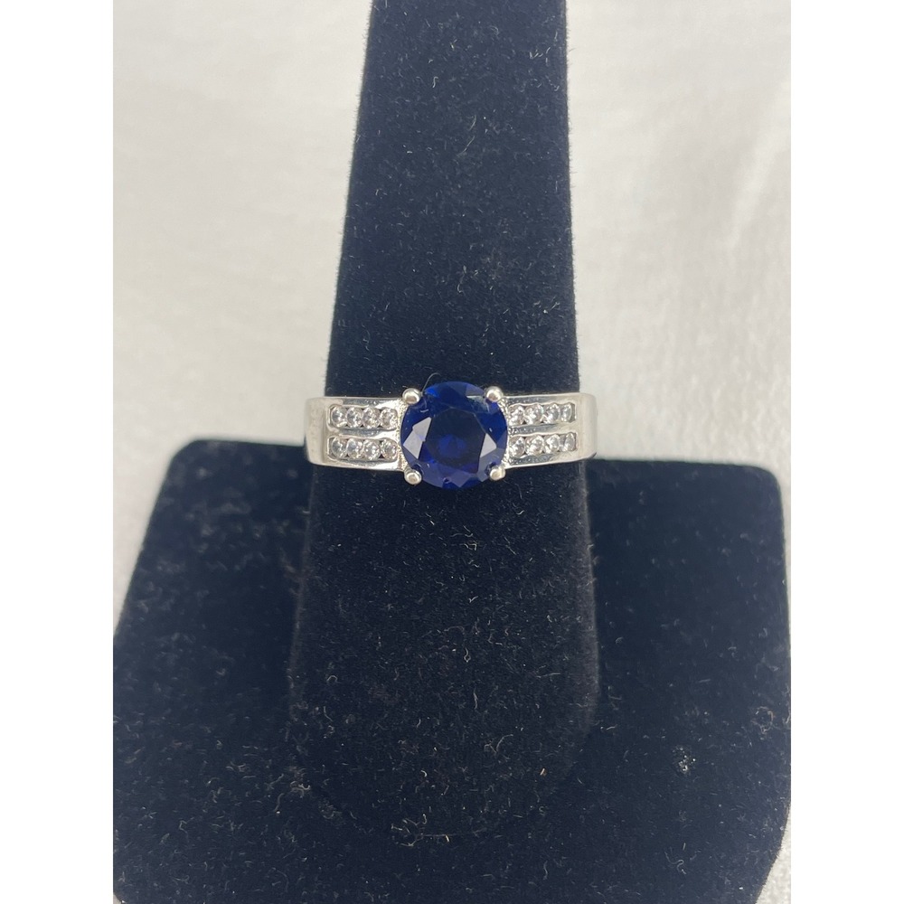 Silver Tone Round Cut Blue Stone Cocktail Ring with Clear Accents Size 7.5